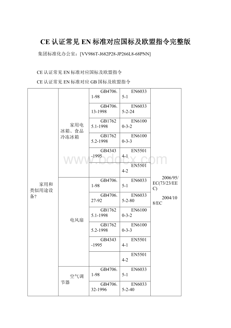 CE认证常见EN标准对应国标及欧盟指令完整版Word格式文档下载.docx_第1页