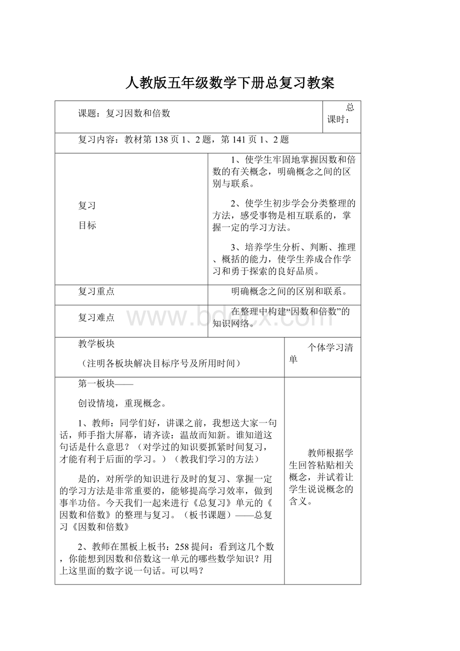 人教版五年级数学下册总复习教案Word下载.docx