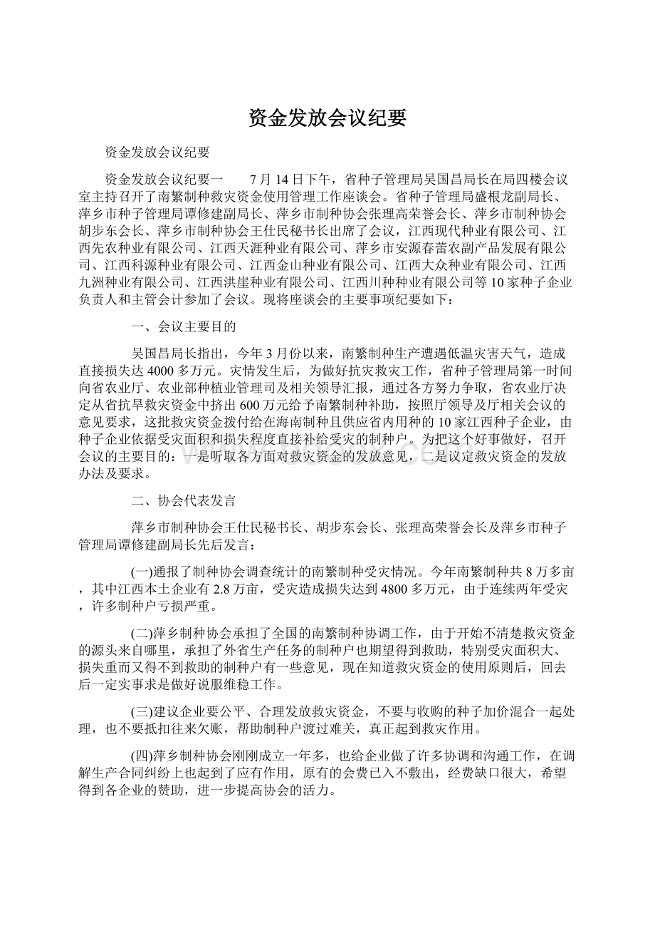 资金发放会议纪要Word文档下载推荐.docx