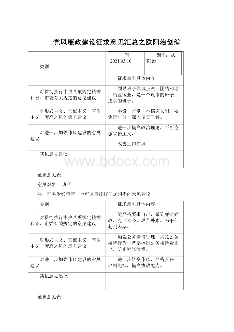 党风廉政建设征求意见汇总之欧阳治创编文档格式.docx_第1页