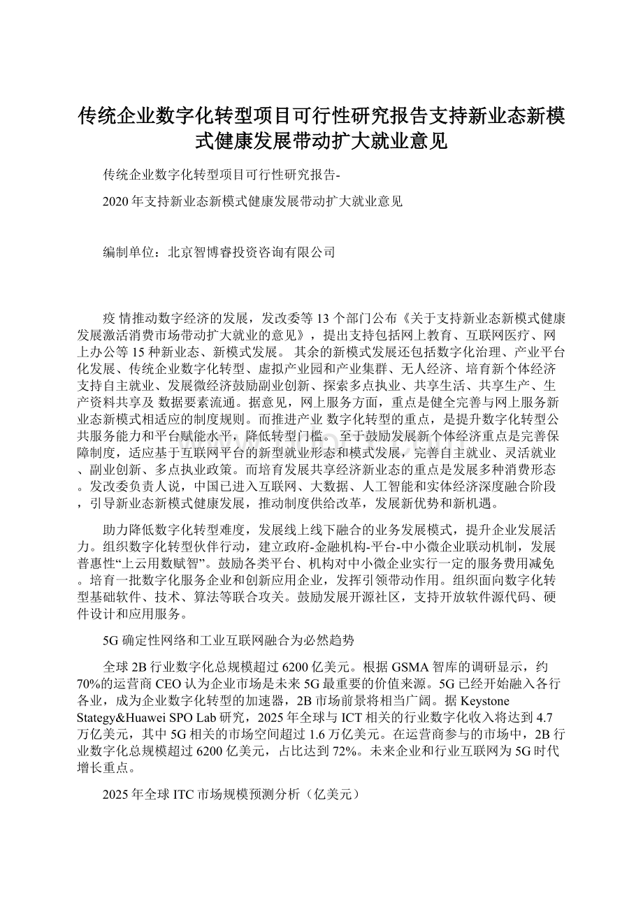 传统企业数字化转型项目可行性研究报告支持新业态新模式健康发展带动扩大就业意见Word文档下载推荐.docx