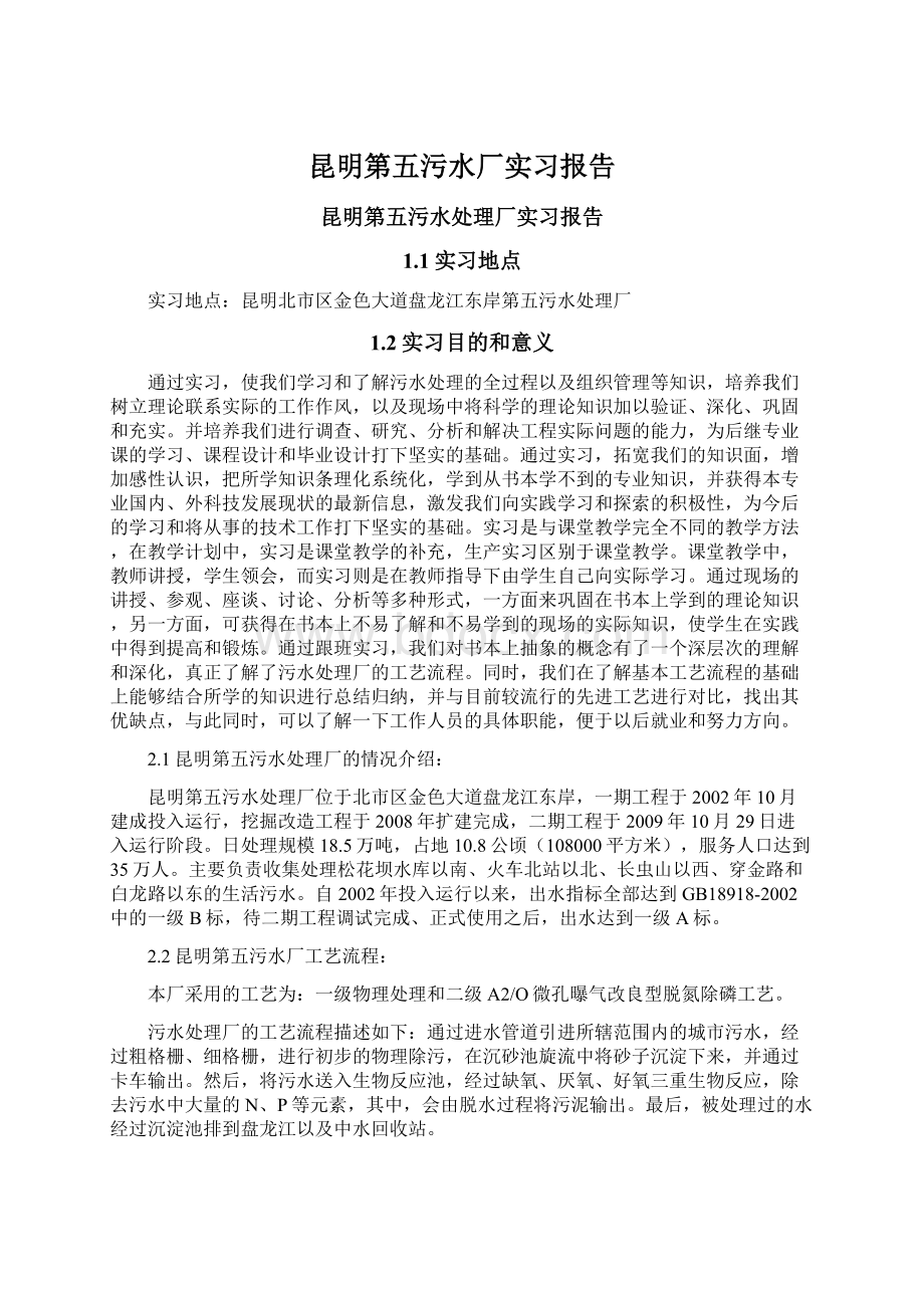 昆明第五污水厂实习报告文档格式.docx