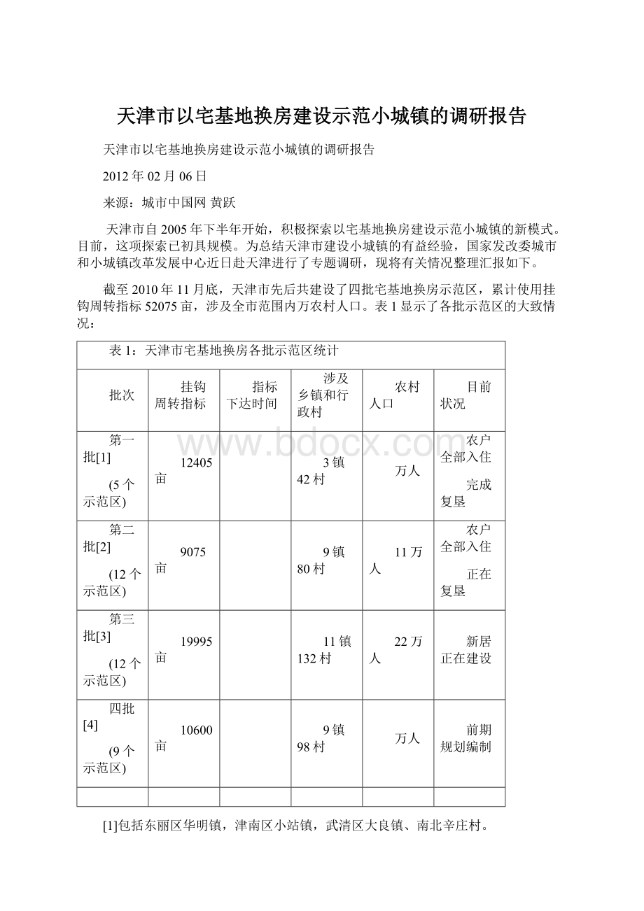 天津市以宅基地换房建设示范小城镇的调研报告.docx_第1页