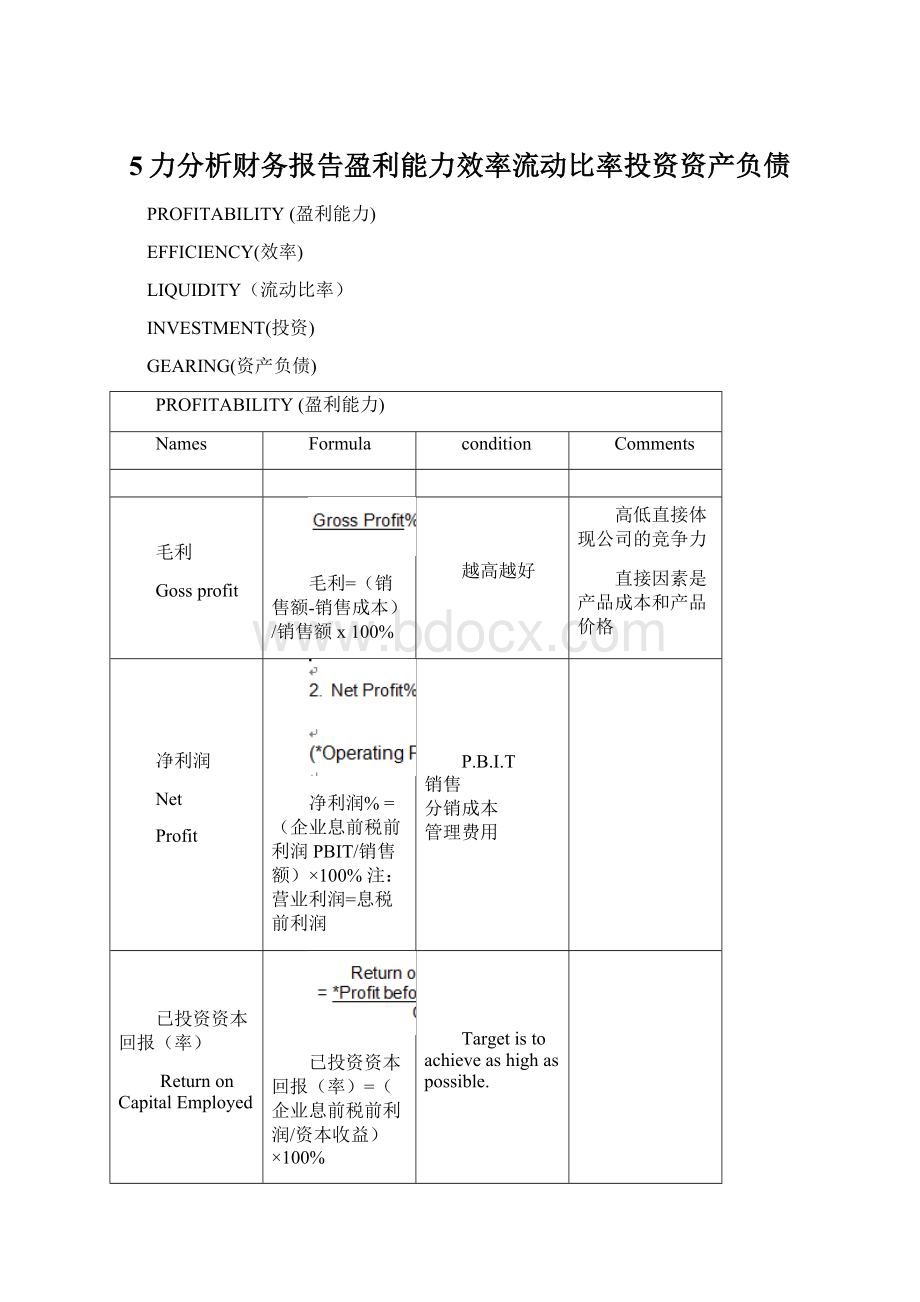 5力分析财务报告盈利能力效率流动比率投资资产负债Word下载.docx_第1页