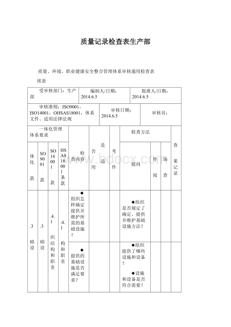 质量记录检查表生产部Word下载.docx