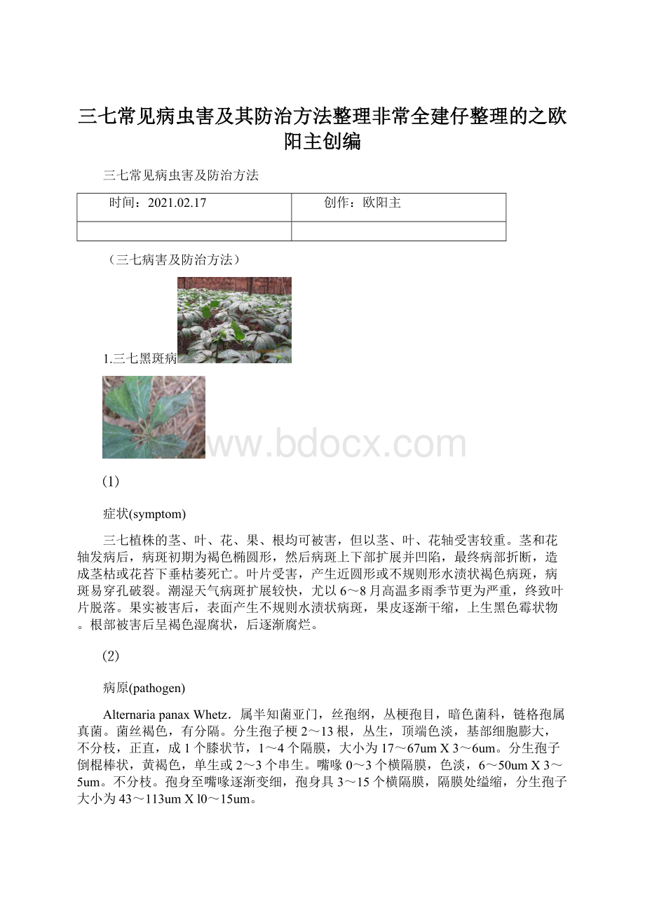 三七常见病虫害及其防治方法整理非常全建仔整理的之欧阳主创编文档格式.docx_第1页