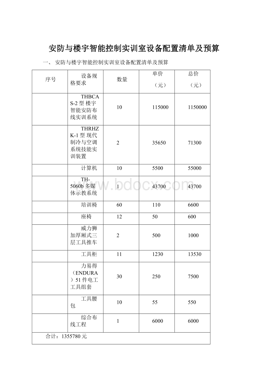 安防与楼宇智能控制实训室设备配置清单及预算Word文档下载推荐.docx_第1页