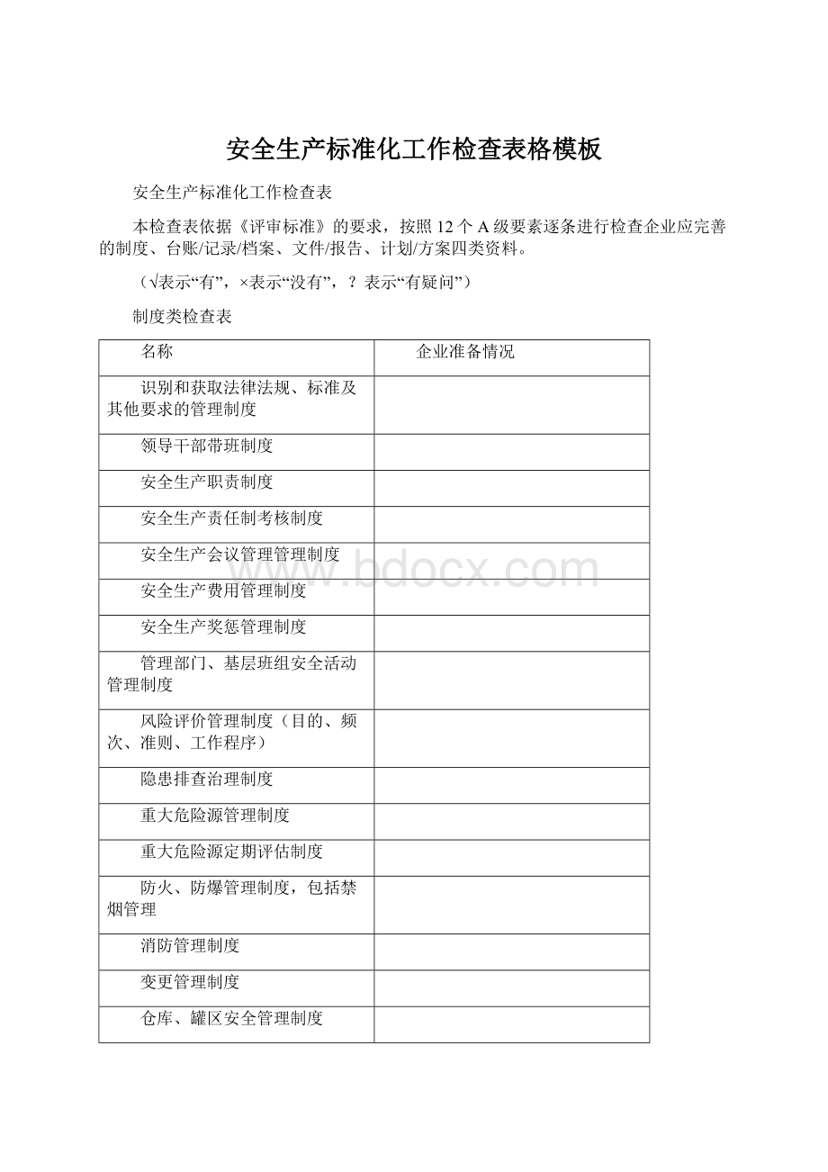 安全生产标准化工作检查表格模板Word文档格式.docx