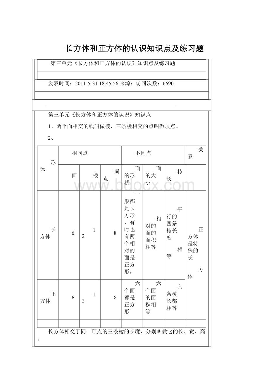 长方体和正方体的认识知识点及练习题Word格式文档下载.docx