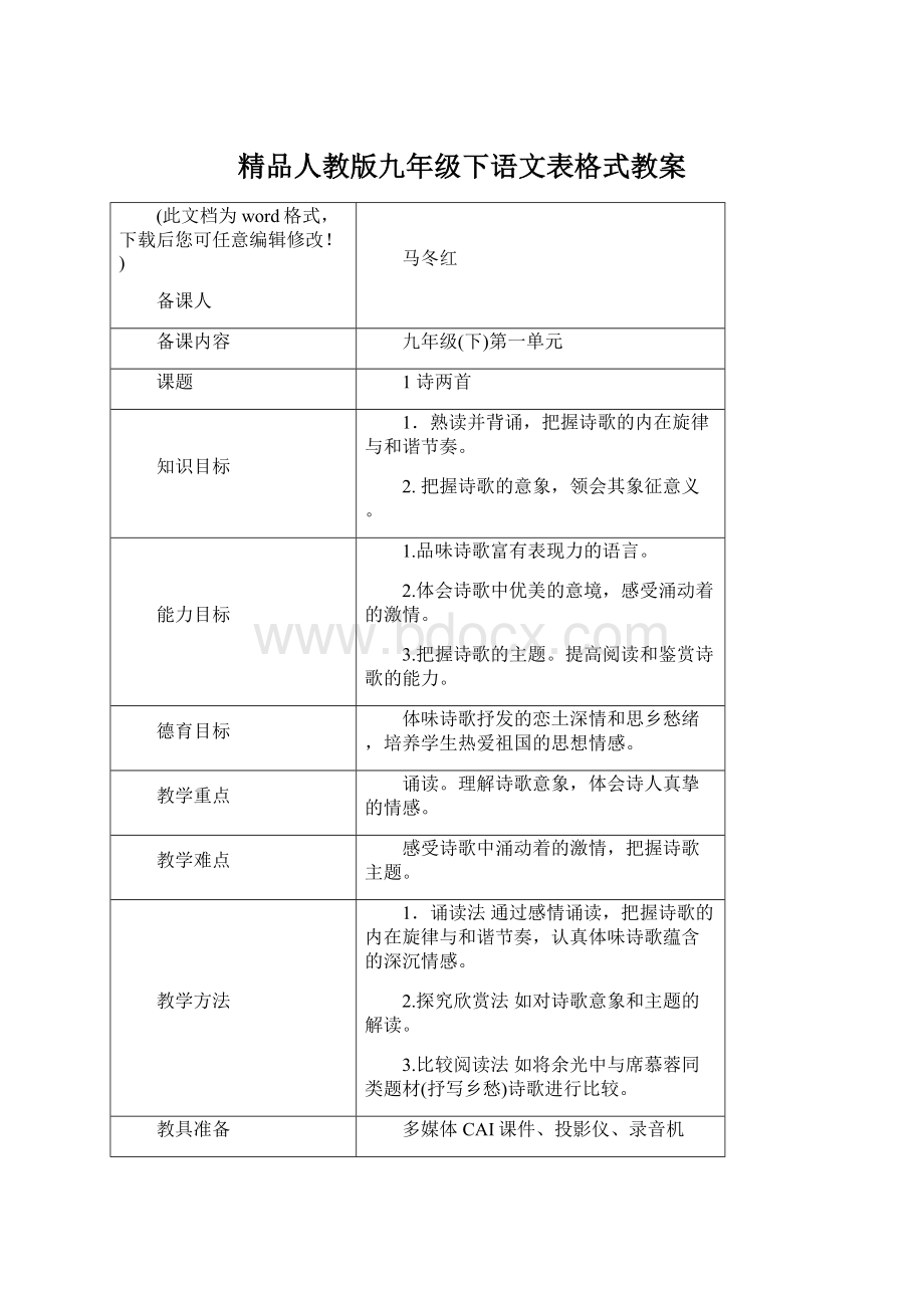 精品人教版九年级下语文表格式教案.docx_第1页