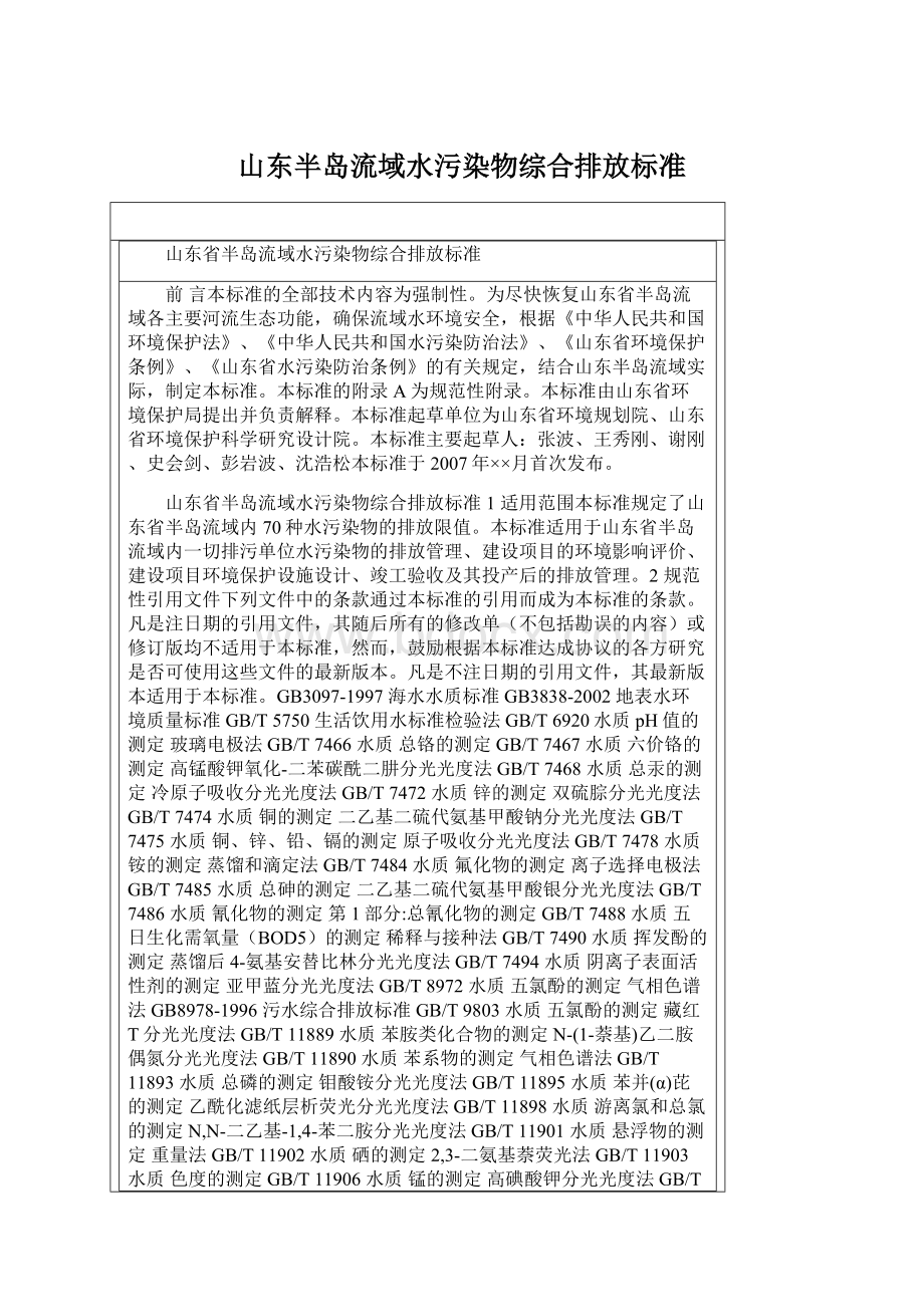 山东半岛流域水污染物综合排放标准Word文件下载.docx_第1页