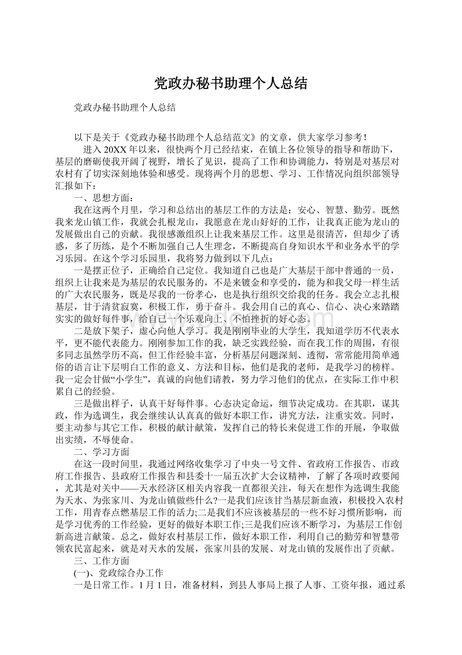 党政办秘书助理个人总结Word文档下载推荐.docx_第1页