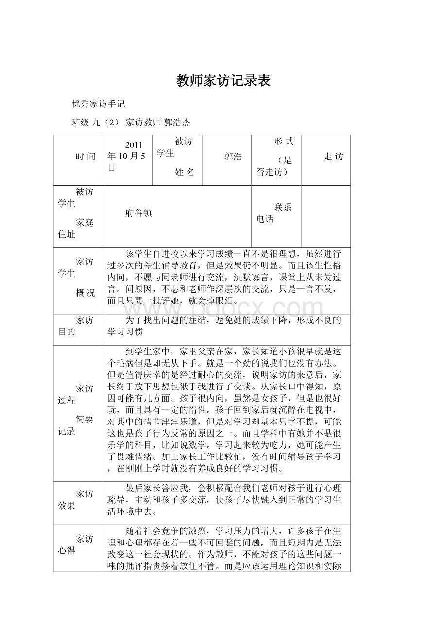 教师家访记录表Word格式.docx_第1页