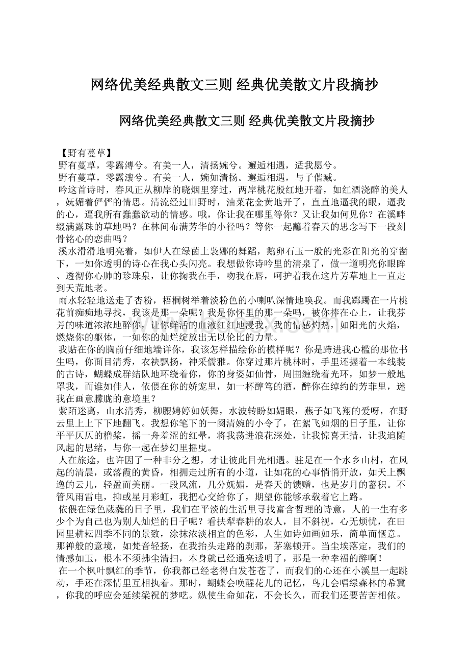 网络优美经典散文三则 经典优美散文片段摘抄Word格式.docx