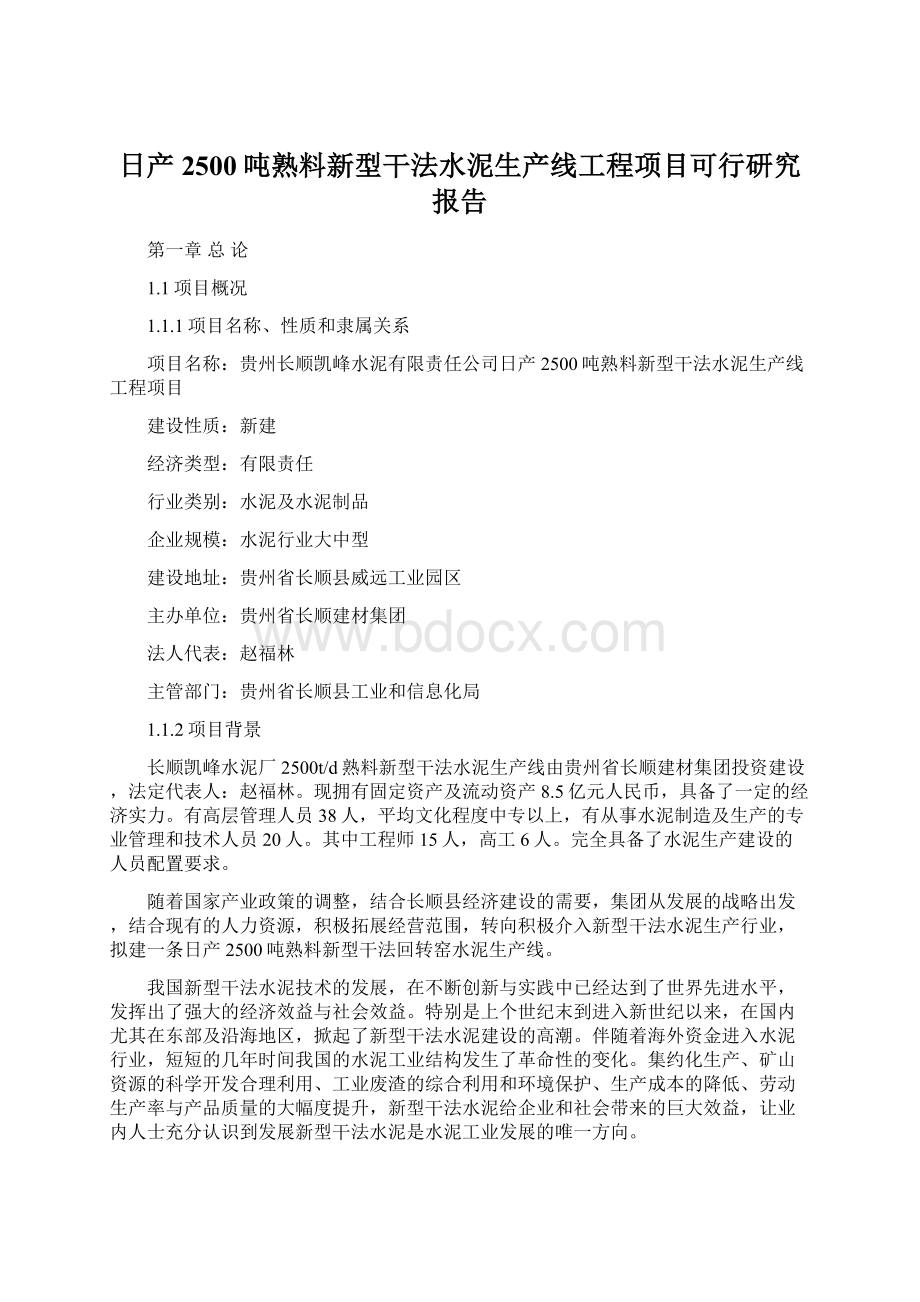 日产2500吨熟料新型干法水泥生产线工程项目可行研究报告.docx_第1页