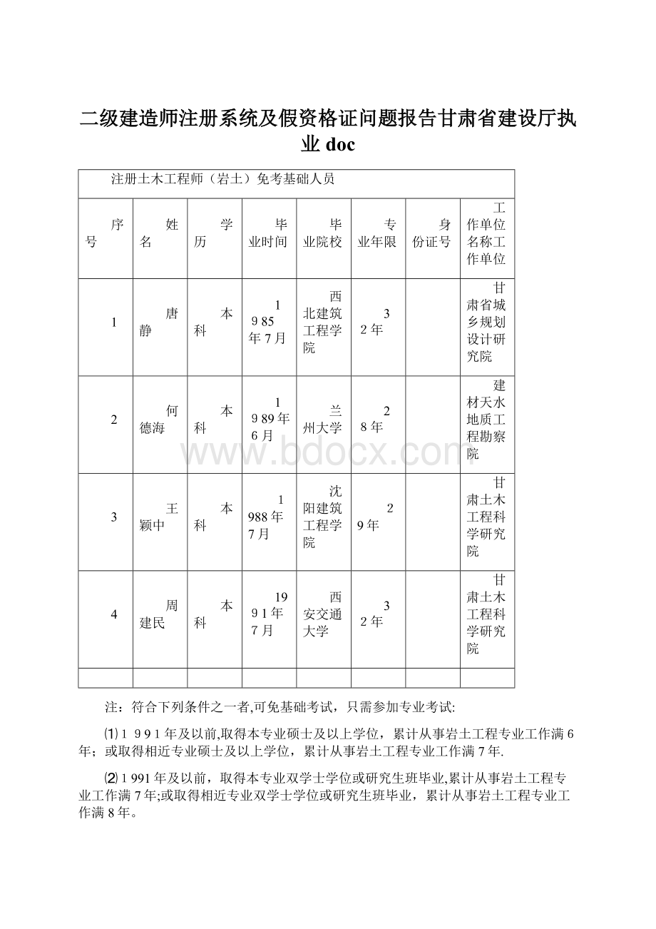 二级建造师注册系统及假资格证问题报告甘肃省建设厅执业doc文档格式.docx_第1页