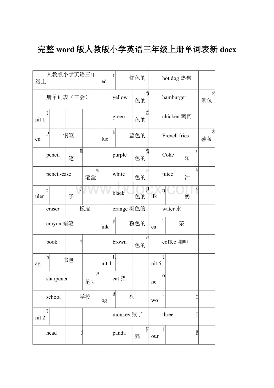 完整word版人教版小学英语三年级上册单词表新docx.docx