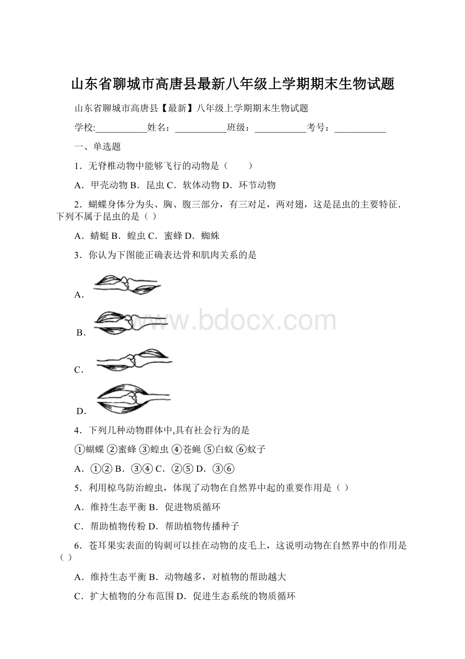 山东省聊城市高唐县最新八年级上学期期末生物试题.docx_第1页