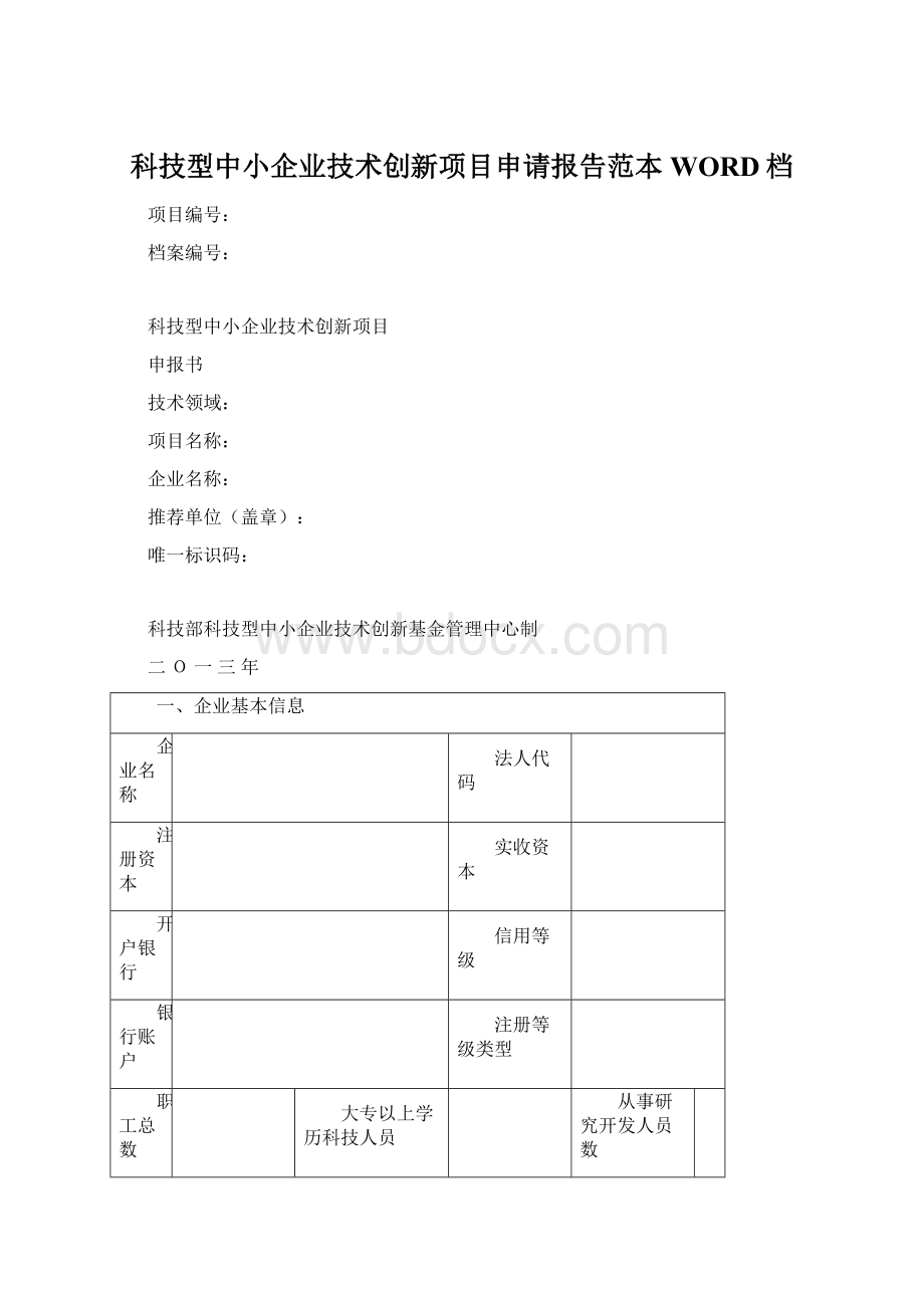 科技型中小企业技术创新项目申请报告范本WORD档.docx