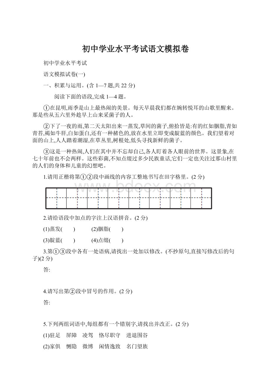 初中学业水平考试语文模拟卷.docx_第1页