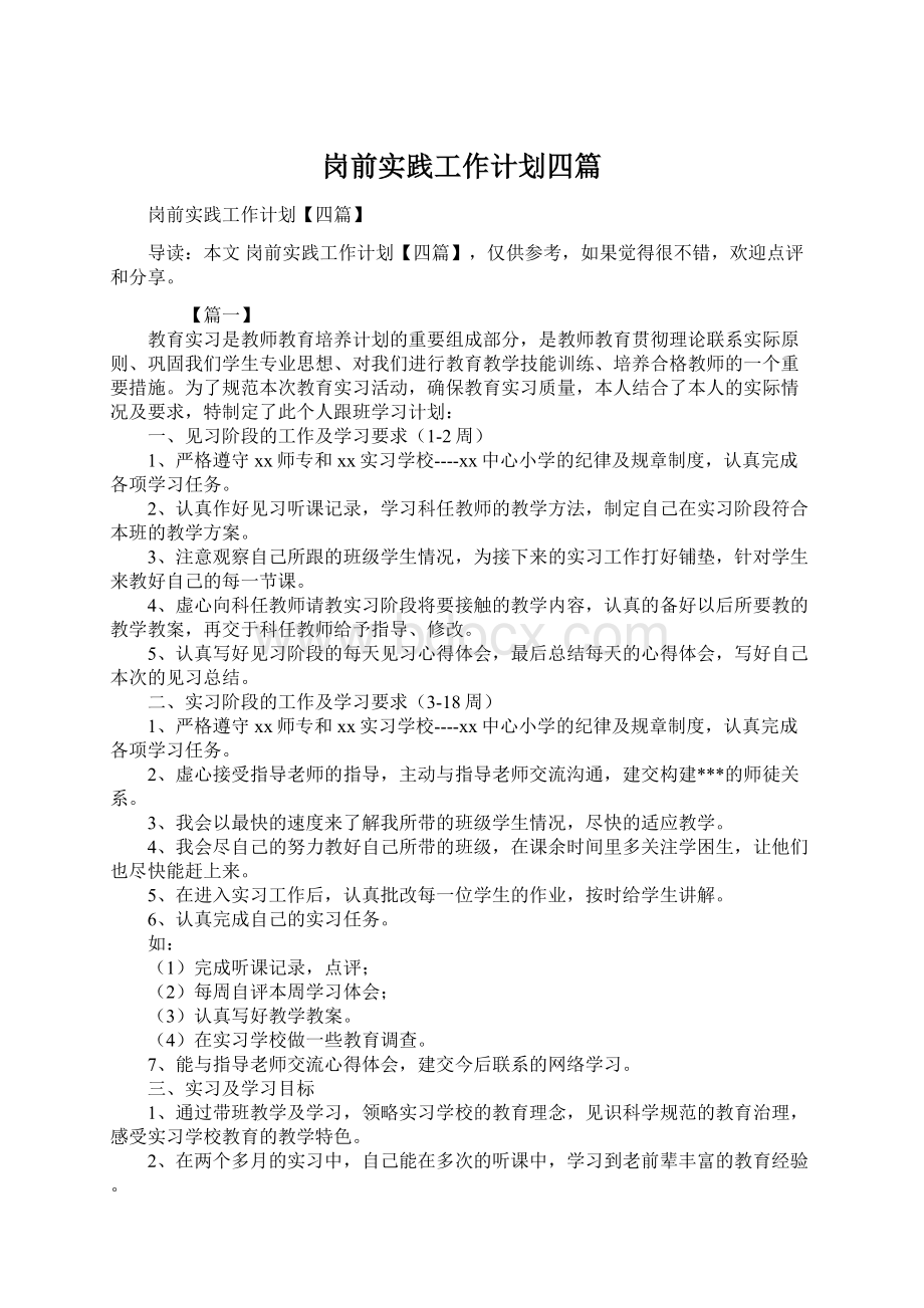 岗前实践工作计划四篇文档格式.docx