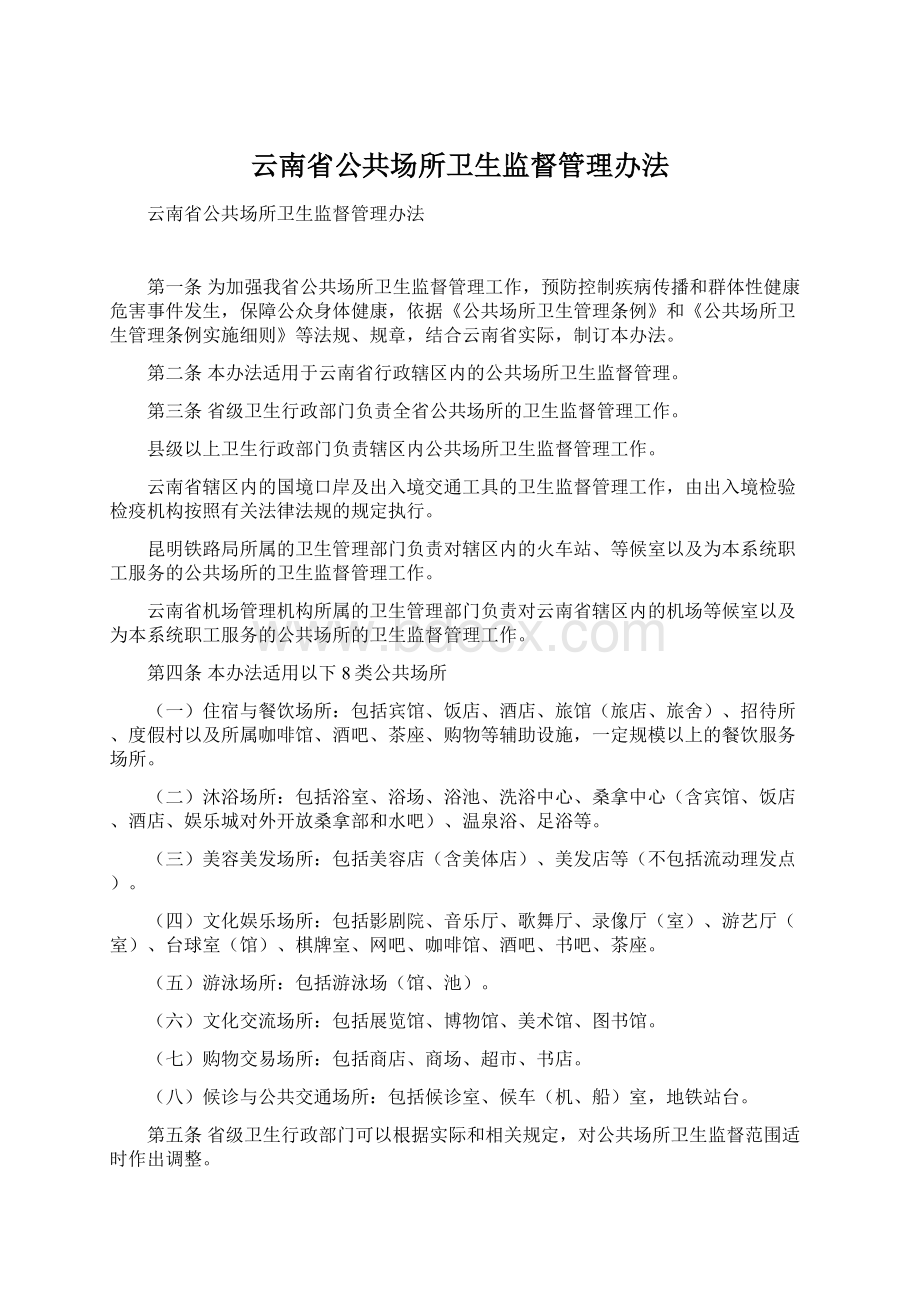 云南省公共场所卫生监督管理办法Word格式.docx