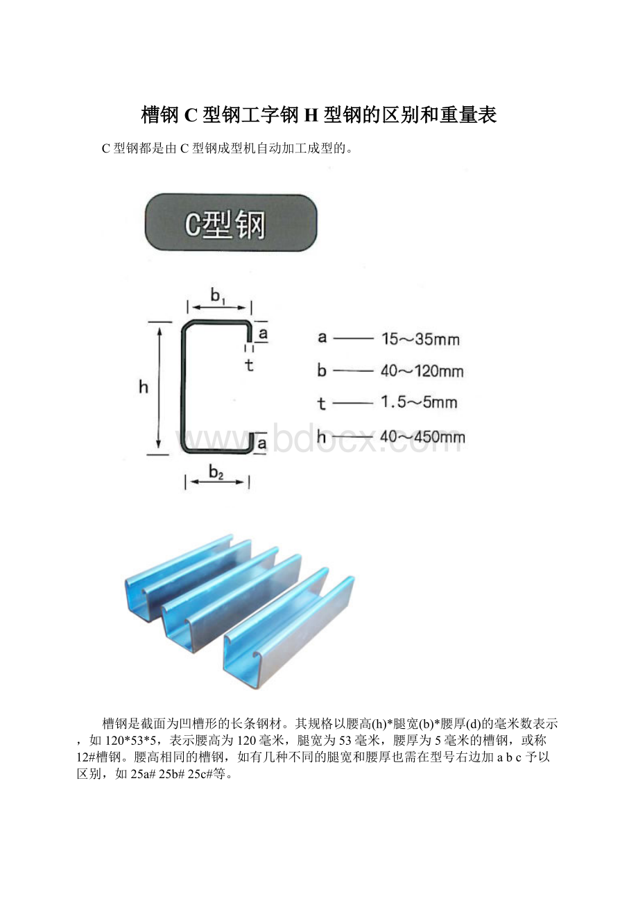 槽钢C型钢工字钢H型钢的区别和重量表文档格式.docx_第1页