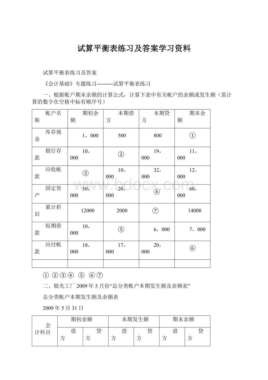 试算平衡表练习及答案学习资料Word文档格式.docx