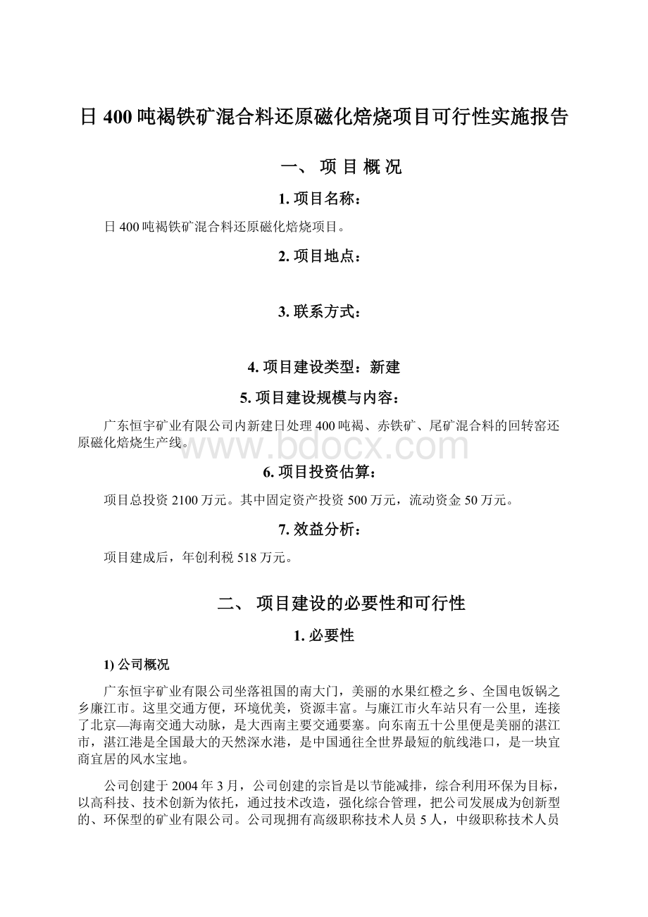 日400吨褐铁矿混合料还原磁化焙烧项目可行性实施报告.docx_第1页