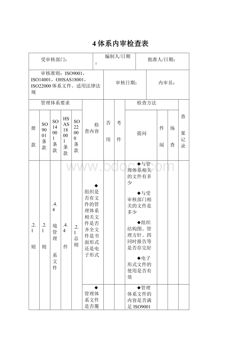 4体系内审检查表Word文档下载推荐.docx_第1页