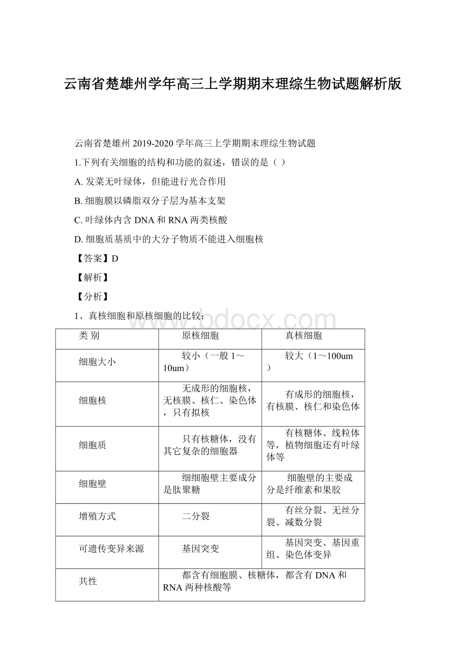 云南省楚雄州学年高三上学期期末理综生物试题解析版.docx_第1页