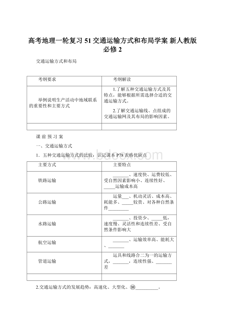 高考地理一轮复习 51交通运输方式和布局学案 新人教版必修2.docx_第1页