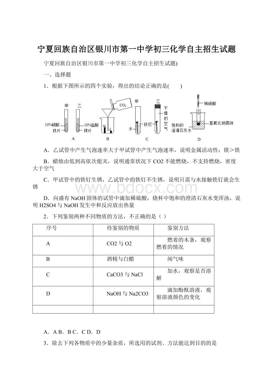 宁夏回族自治区银川市第一中学初三化学自主招生试题.docx