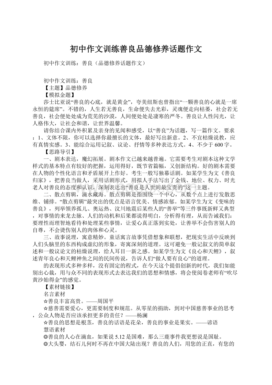 初中作文训练善良品德修养话题作文.docx