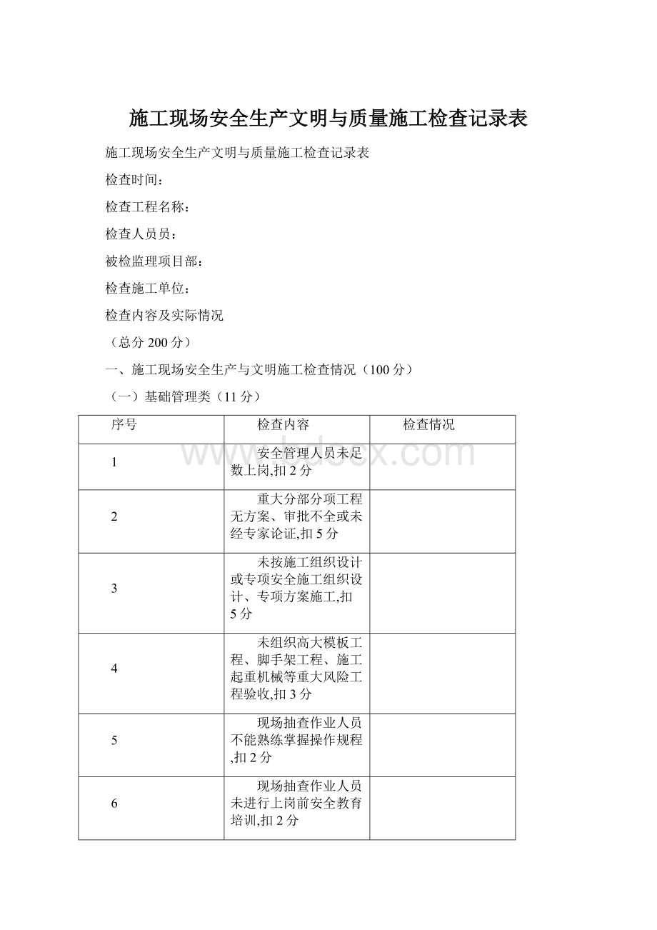 施工现场安全生产文明与质量施工检查记录表.docx