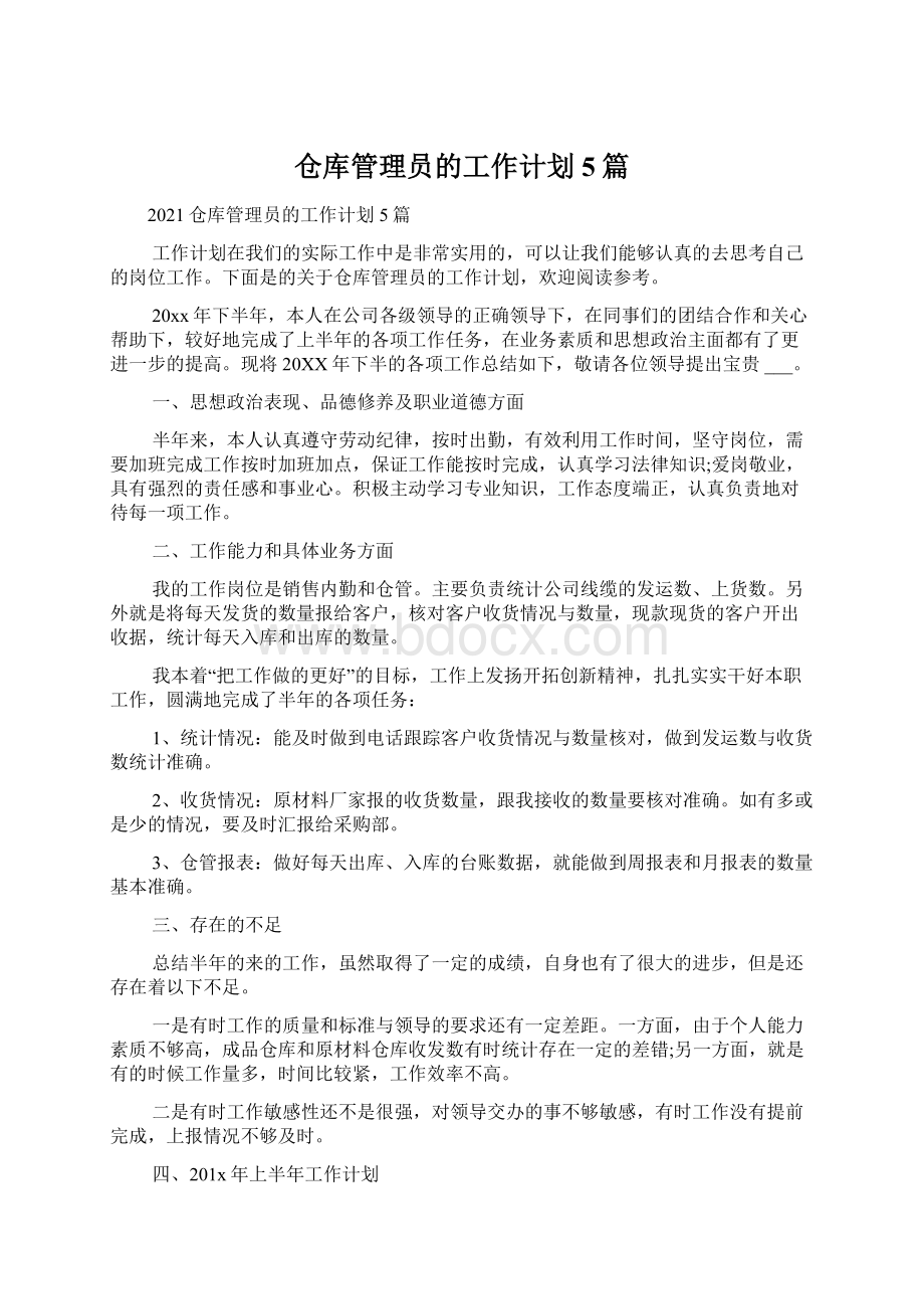 仓库管理员的工作计划5篇文档格式.docx