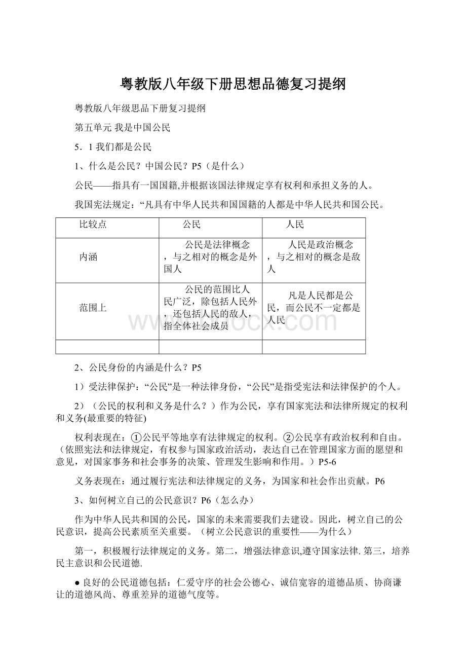 粤教版八年级下册思想品德复习提纲.docx