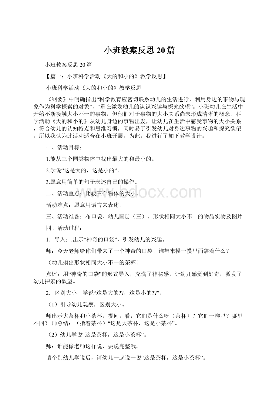 小班教案反思20篇Word格式文档下载.docx