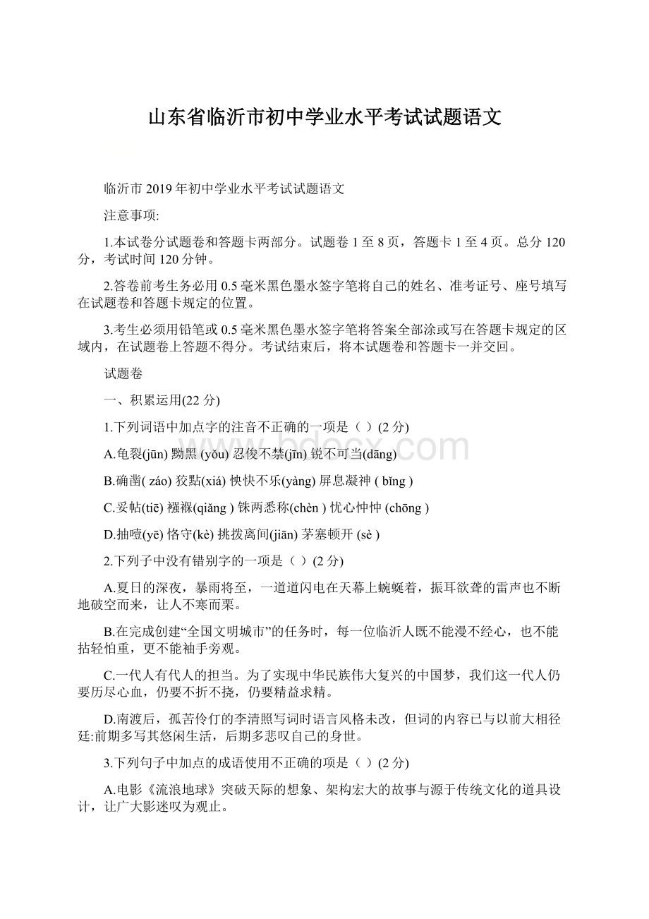 山东省临沂市初中学业水平考试试题语文.docx_第1页