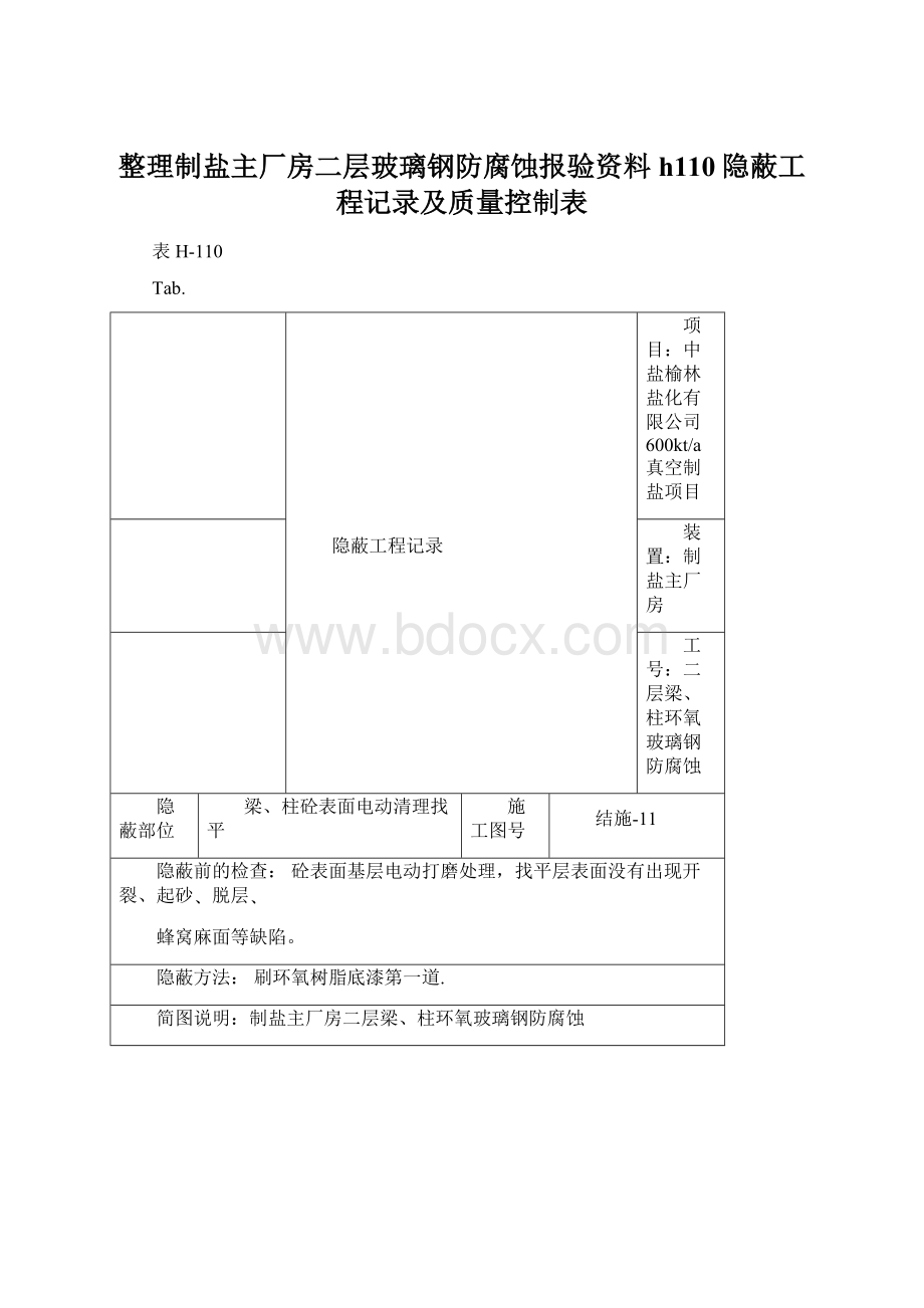 整理制盐主厂房二层玻璃钢防腐蚀报验资料 h110隐蔽工程记录及质量控制表Word文档下载推荐.docx_第1页