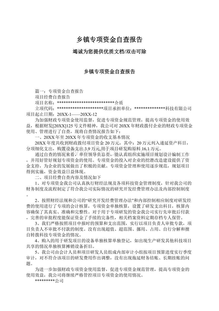 乡镇专项资金自查报告.docx_第1页