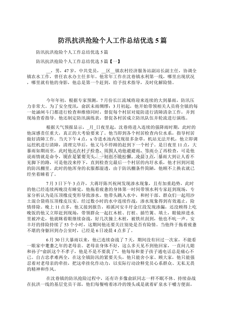 防汛抗洪抢险个人工作总结优选5篇.docx