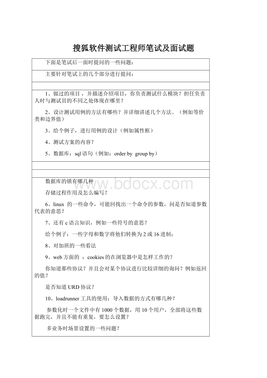 搜狐软件测试工程师笔试及面试题Word文档下载推荐.docx