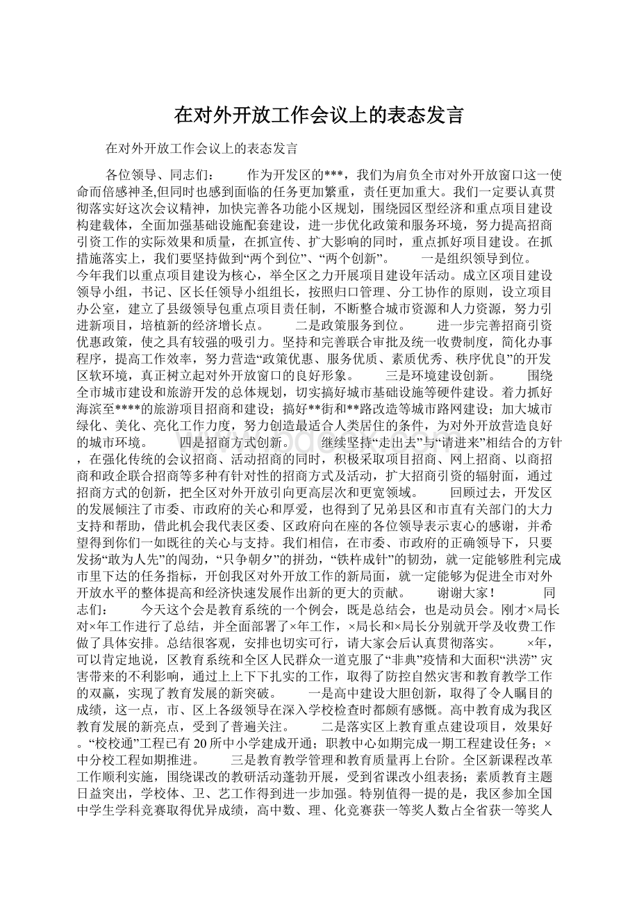 在对外开放工作会议上的表态发言Word格式.docx_第1页