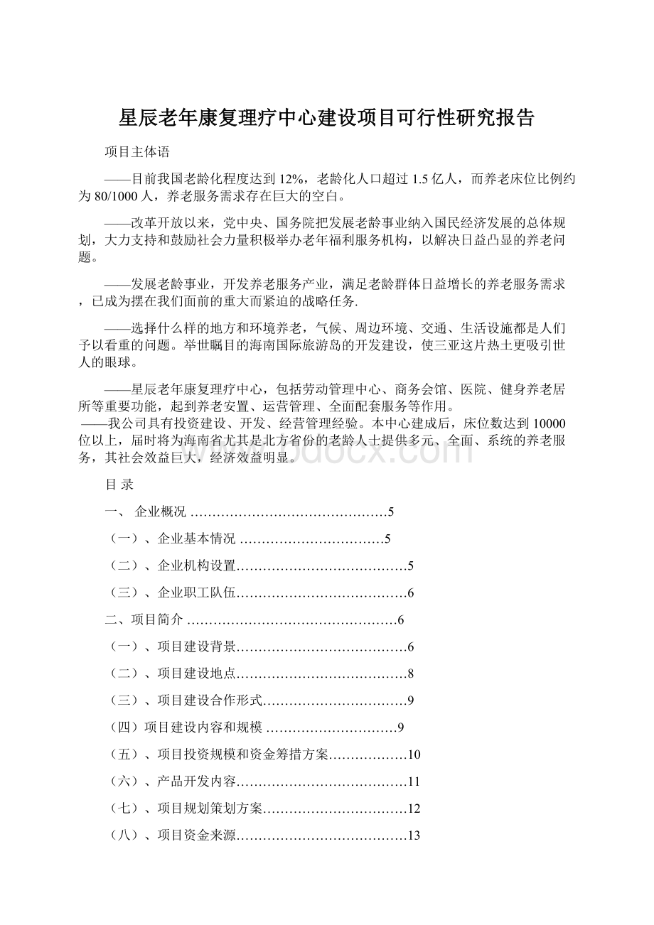 星辰老年康复理疗中心建设项目可行性研究报告Word格式.docx_第1页