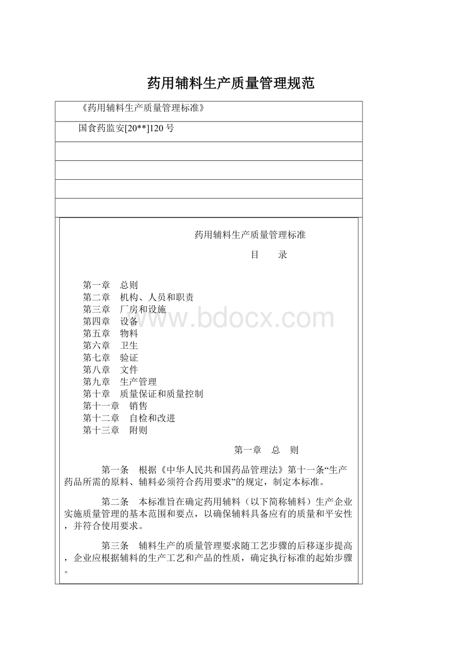 药用辅料生产质量管理规范Word格式.docx