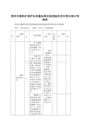 普洱市兼职矿救护队质量标准化检查验收项目得分统计明细表.docx