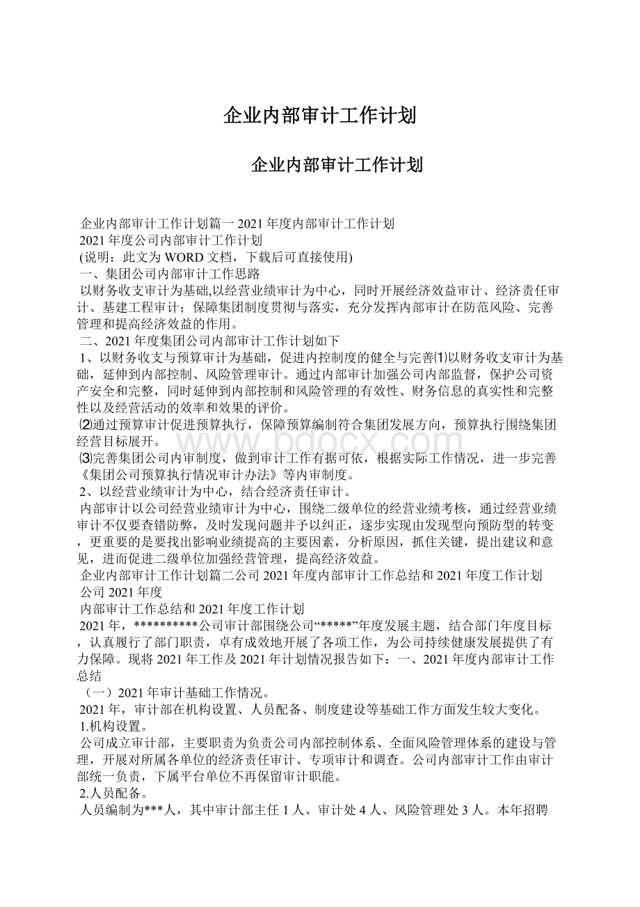 企业内部审计工作计划Word格式文档下载.docx