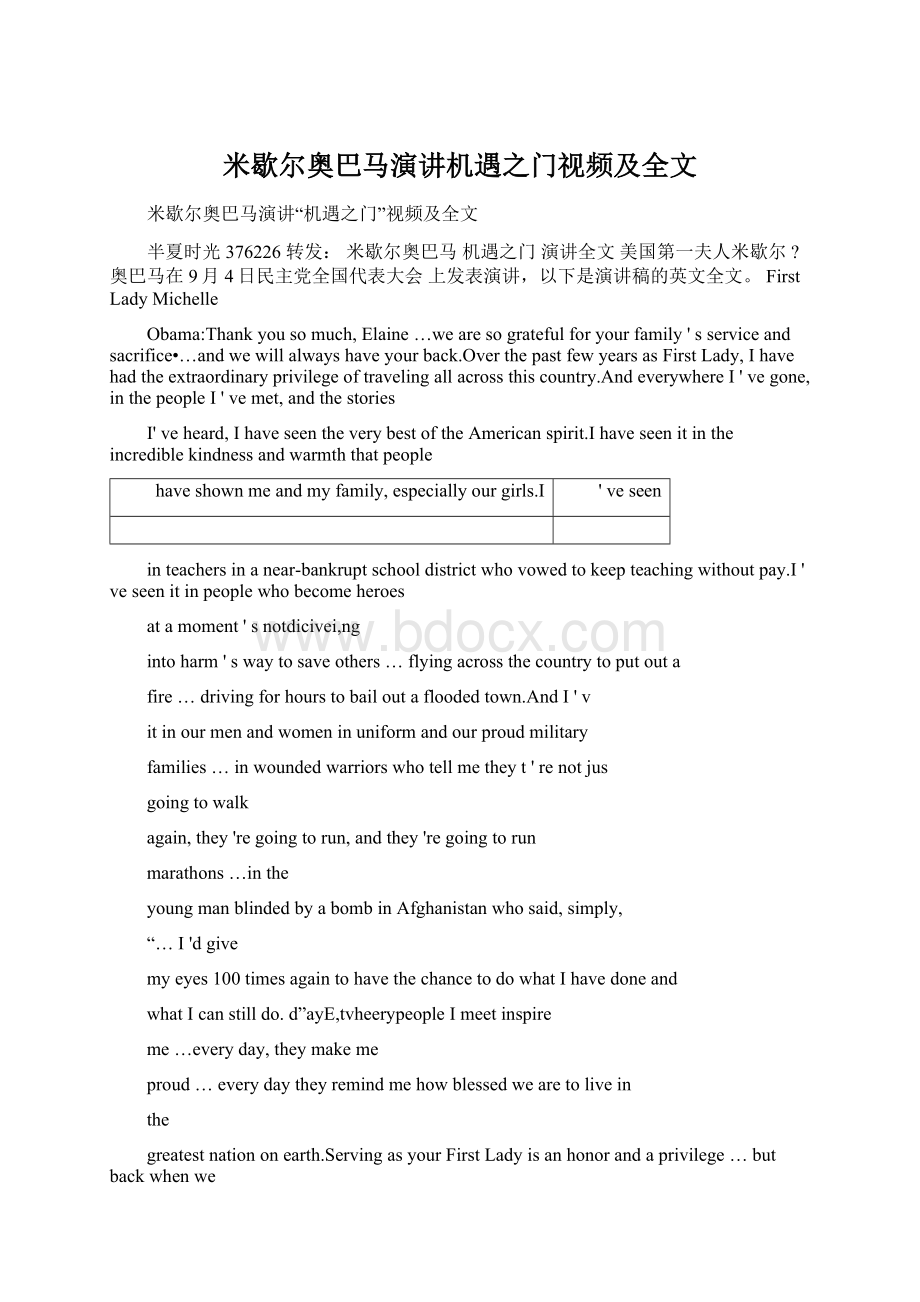 米歇尔奥巴马演讲机遇之门视频及全文文档格式.docx_第1页