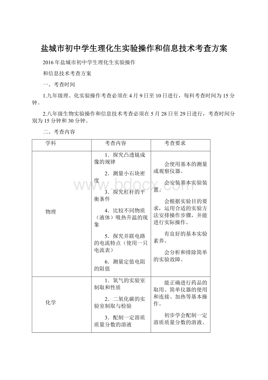 盐城市初中学生理化生实验操作和信息技术考查方案.docx